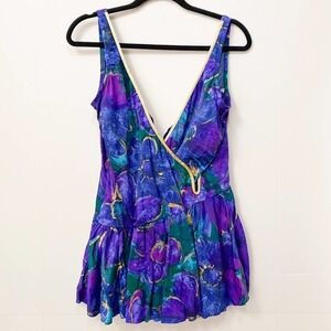 Vintage Deweese California Floral Purple Blue Gold Abstract 70s pattern Size 14